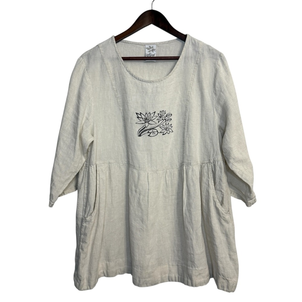 Match Point linen top womens medium neutral floral lagenlook prairie pockets USA